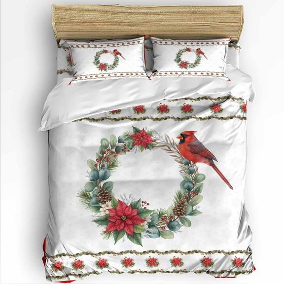 Christmas Wreath Queen Size Comforter Set, Red Bird Lieaves Vintage Texture Soft Bedding for All Seasons, 4 Pcs Bed Set with 1Comforter (90"x92") ,1 Sheet(94"x116"), 2 Pillowcases (19"x29")