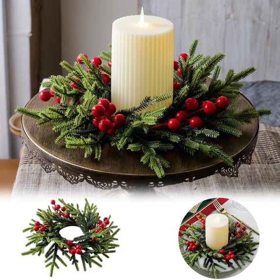 Christmas Wreath with Red Berries,Soft Rubber Material Holiday Ornament for Xmas Decor,Farmhouse Winter Decorations,Christmas Wreaths for Front Door,Candle Rings Wreaths Artificial Branches Red Berry