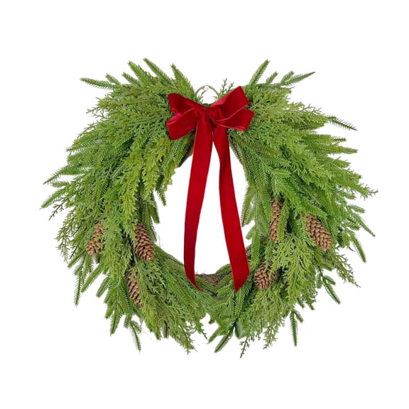 Christmas Wreath with Red Bow And Natural Cones, Realistic Cedar Greenery for Front Door, Indoor And Outdoor Holiday Decor, Farmhouse Style Home Decoration