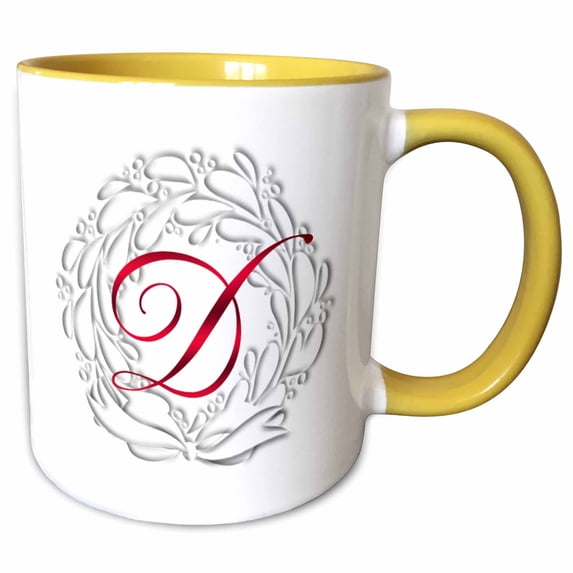 3drose, Christmas Wreath Red Monogram D, 11oz Two-tone Yellow Mug