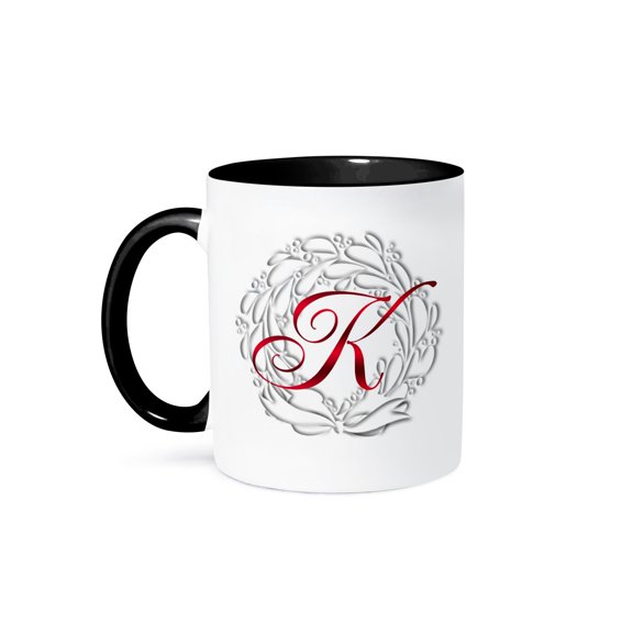 3drose, Christmas Wreath Red Monogram K, 11oz Two-tone Black Mug