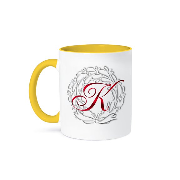 3drose, Christmas Wreath Red Monogram K, 15oz Two-tone Yellow Mug
