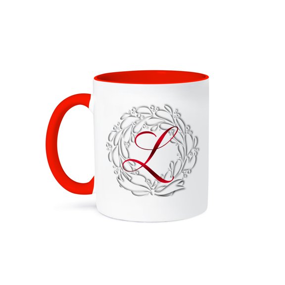 3drose, Christmas Wreath Red Monogram L, 15oz Two-tone Red Mug