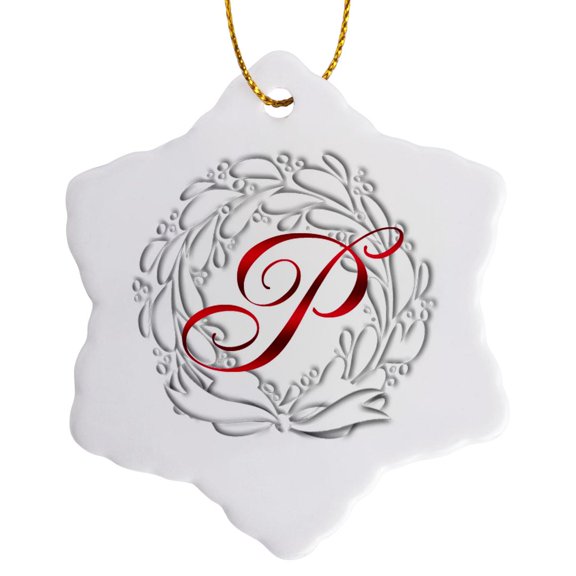 3drose, Christmas Wreath Red Monogram P, 3 inch Snowflake Porcelain Ornament