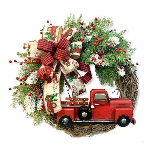 Christmas Wreath Red Truck Berry Artificial Garland Decoration for Front Door Shop Fireplaces Walls Windows New Year Decor-11.8 Inches
