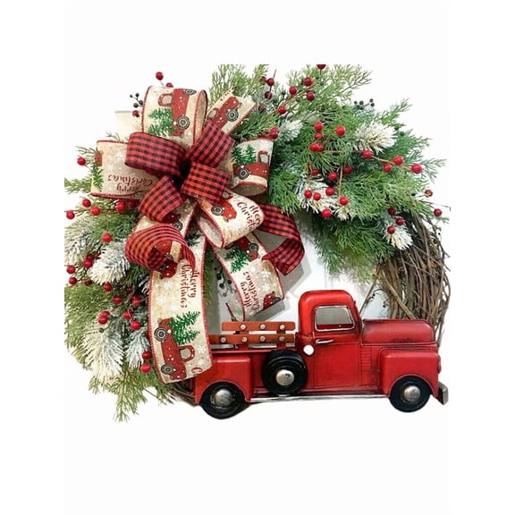 Christmas Wreath, Rustic Artificial Red Truck Wreath With Red Berries And Bowknot For Front Door