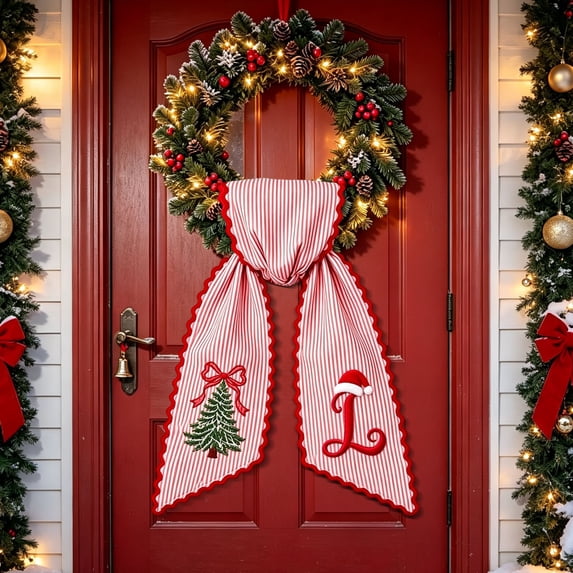 Christmas Wreath Sash Bow Red White Striped Fabric with Embroidery Letter for Front Door Decor