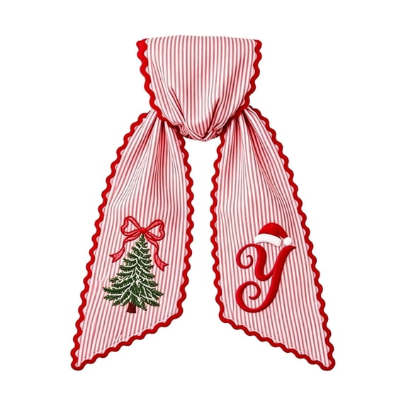 Christmas Wreath Sash Bow Red White Striped Fabric with Embroidery Letter for Front Door Decor