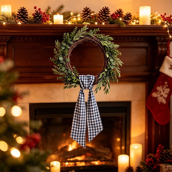 Christmas Wreath Sash,Checkered Fabric Bow Ribbon Streamers Ties Party Decor Gift Wrapping,Gingham Wreath Sash for Front Door