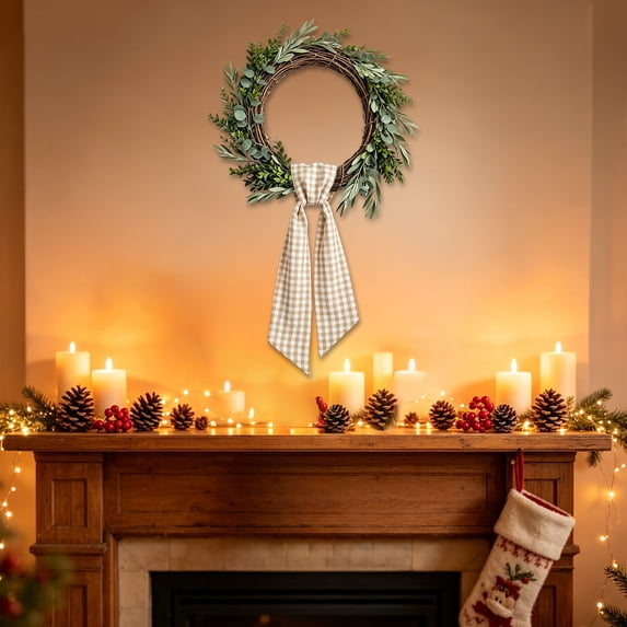 Christmas Wreath Sash,Checkered Fabric Bow Ribbon Streamers Ties Party Decor Gift Wrapping,Gingham Wreath Sash for Front Door