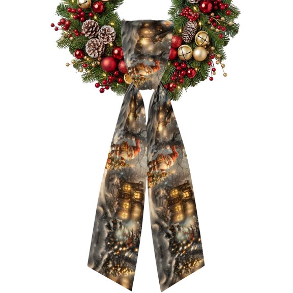Christmas Wreath Sash for Front Door 4.5"x56", Cartoon Gnome Elf Lights Snow Ornaments Evergreen Double-Sided Bow Ribbon Decor for Wreaths, Stair Railings, Fireplace Mantel