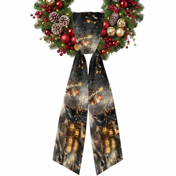 Christmas Wreath Sash for Front Door 4.5"x56", Santa's Elves Forest Snowfall Evergreen Double-Sided Bow Ribbon Decor for Wreaths, Stair Railings, Fireplace Mantel