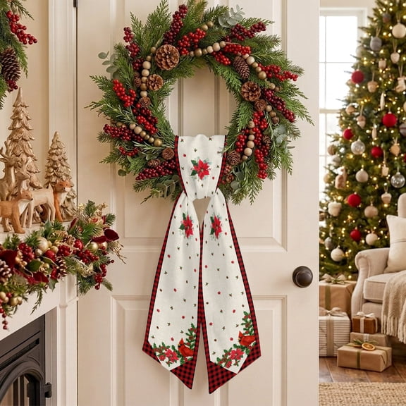 Christmas Wreath Sash for Front Door, Cardinal Pine Leaf Berry Floral Linen Red Plaid Sash for Wreath, Home Decor Wall Window Porch Decoration Indoor Outdoor 4.5'' x 56''