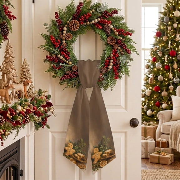 Christmas Wreath Sash for Front Door, Retro Man Green Pine Branches Cinnamon Sticks Sash for Wreath, Home Decor Wall Window Porch Decoration Indoor Outdoor 4.5'' x 56''