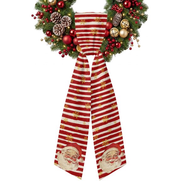 Christmas Wreath Sash for Front Door Santa Claus Watercolor Snowflakes Striped Red Ribbon Sash, Winter Holiday Wreath Accessories for Yard Porch Doorway Decor , Indoor Outdoor, 4.9 x 56 Inches