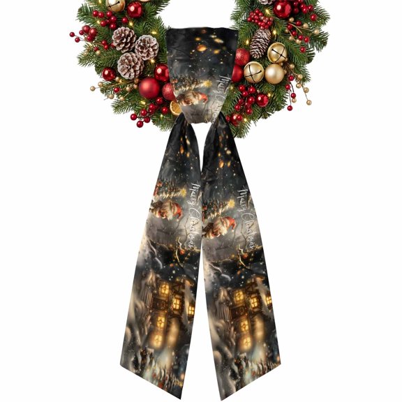 Christmas Wreath Sash for Front Door, Santa's Elves Forest Snowfall Evergreen Squiggle Satin Wreath Ribbon Bow Accessory Garland Home Decor for Doorway Porch Yard 4.5x56