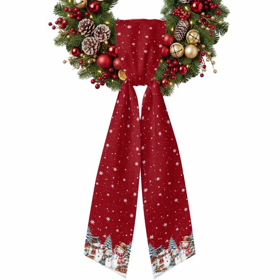 Christmas Wreath Sash for Front Door Snowman Family Winter Pine Trees Snowfall Red Ribbon Sash, Winter Holiday Wreath Accessories for Yard Porch Doorway Decor , Indoor Outdoor, 4.9 x 56 Inches