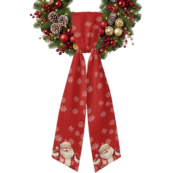 Christmas Wreath Sash for Front Door Watercolor Snowflakes Retro Santa Claus Red Ribbon Sash, Winter Holiday Wreath Accessories for Yard Porch Doorway Decor , Indoor Outdoor, 4.9 x 56 Inches