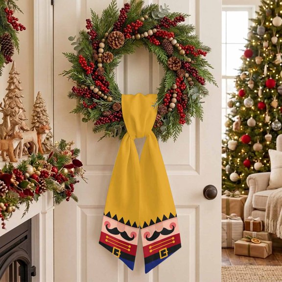 Christmas Wreath Sash for Front Door, Winter Farmhouse Country Black Mustache Nutcracker Face Sash for Wreath, Home Decor Wall Window Porch Decoration Indoor Outdoor 4.5'' x 56''