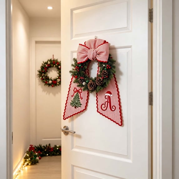 Christmas Wreath Sash, Holiday Ribbon, Long Striped Plaid Door Accent for Front Porch Entryway Basket and Seasonal Decor, 54 Inch Fabric Bow with Selected Letter