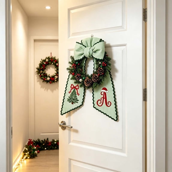 Christmas Wreath Sash, Holiday Ribbon, Long Striped Plaid Door Accent for Front Porch Entryway Basket and Seasonal Decor, 54 Inch Fabric Bow with Selected Letter