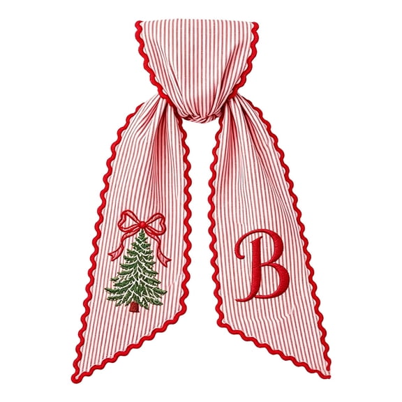 Christmas Wreath Sash with Personalized Letter Monogram, Embroidered Initial Christmas Bow, Linen Plaid 54" x 5", Winter Holiday Decor for Front Door (B)