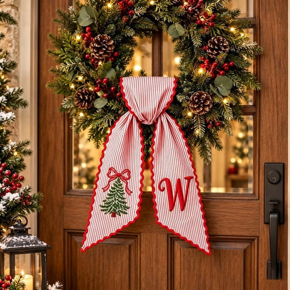 Christmas Wreath Sash Screen Printed Red White Stripes Ribbon Bow for ...