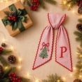 thumbnail image 1 of Christmas Wreath Sash, Winter Xmas Tree Letter Embroidery Pink Striped Fabric Satin Ribbon for Front Door Holiday Decoration, 1 of 7