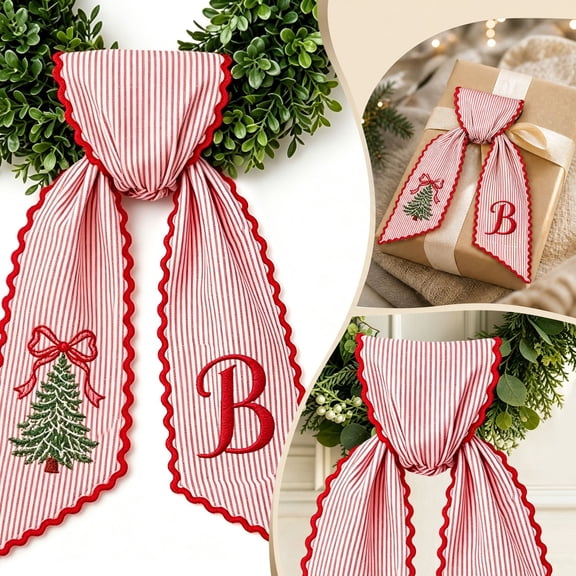 Christmas Wreath Sash, Winter Xmas Tree Letter Embroidery Pink Striped Fabric Satin Ribbon for Front Door Holiday Decoration