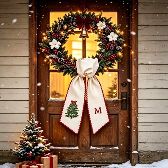 Christmas Wreath Sash with Monogram Design, Red & Cream Polyester Ribbon for Front Door, Mantel & Holiday Display