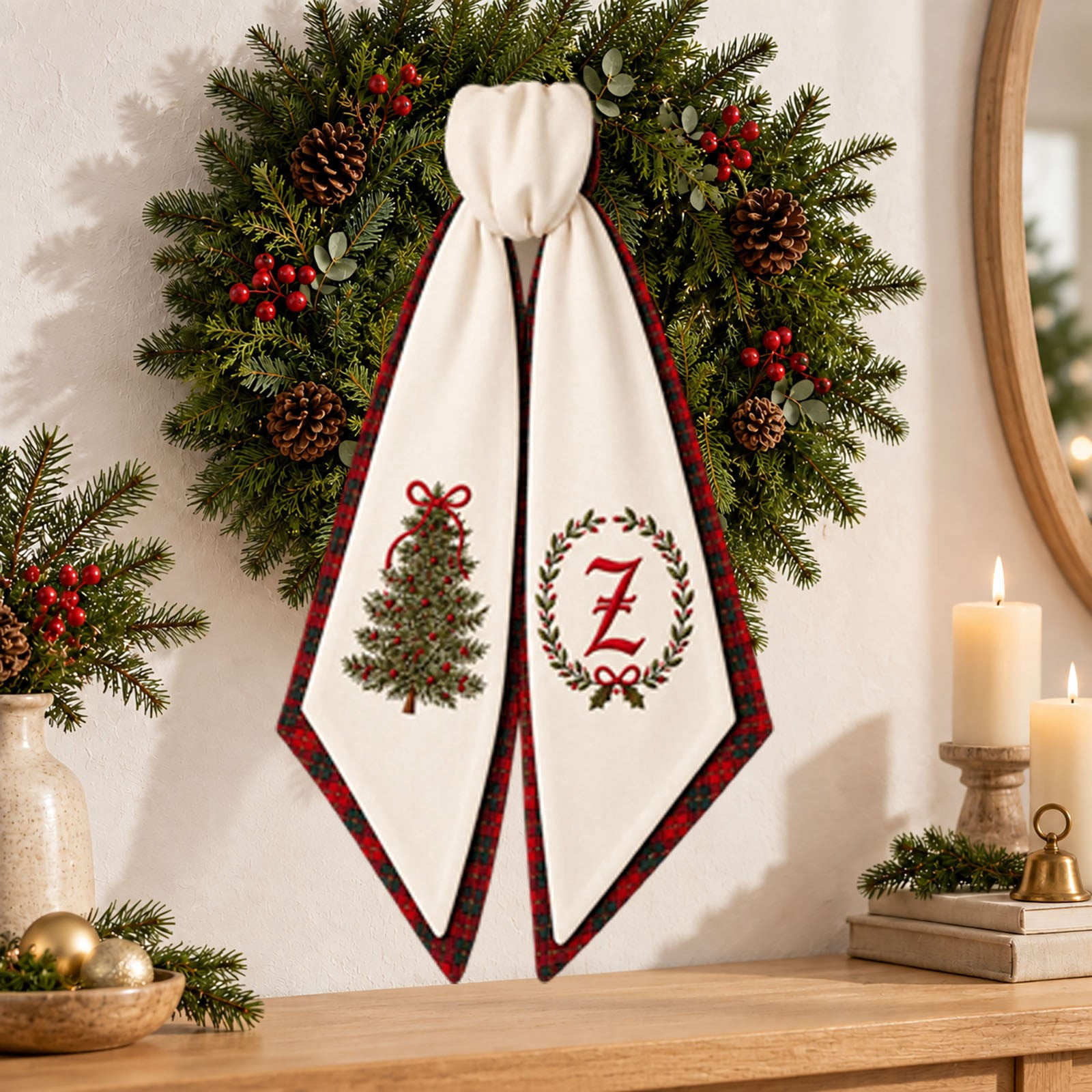 Christmas Wreath Sash with Plaid Design - Letter Ribbon Bow - Holiday ...