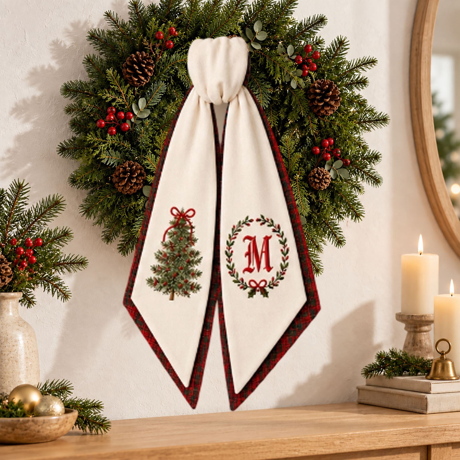 Christmas Wreath Sash with Plaid Design - Letter Ribbon Bow - Holiday ...
