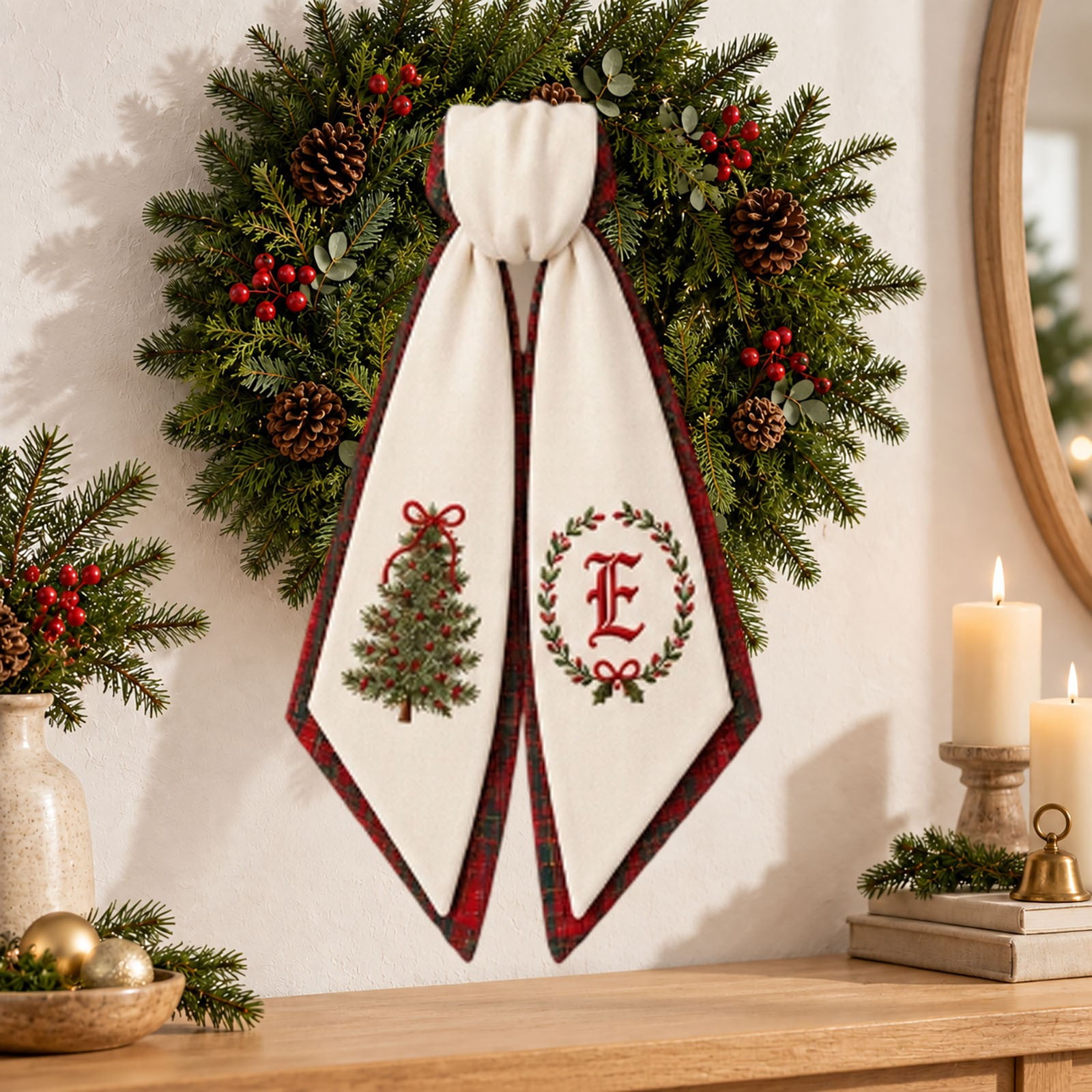 Christmas Wreath Sash with Plaid Design - Letter Ribbon Bow - Holiday ...