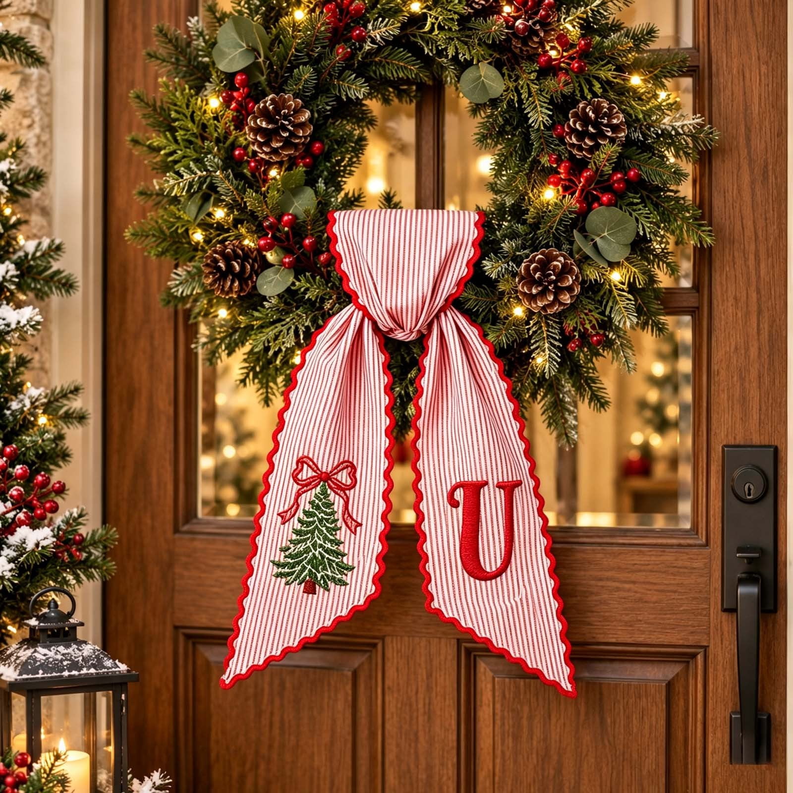 Christmas Wreath Sash with Tree and Letter - Holiday Ribbon Bow ...