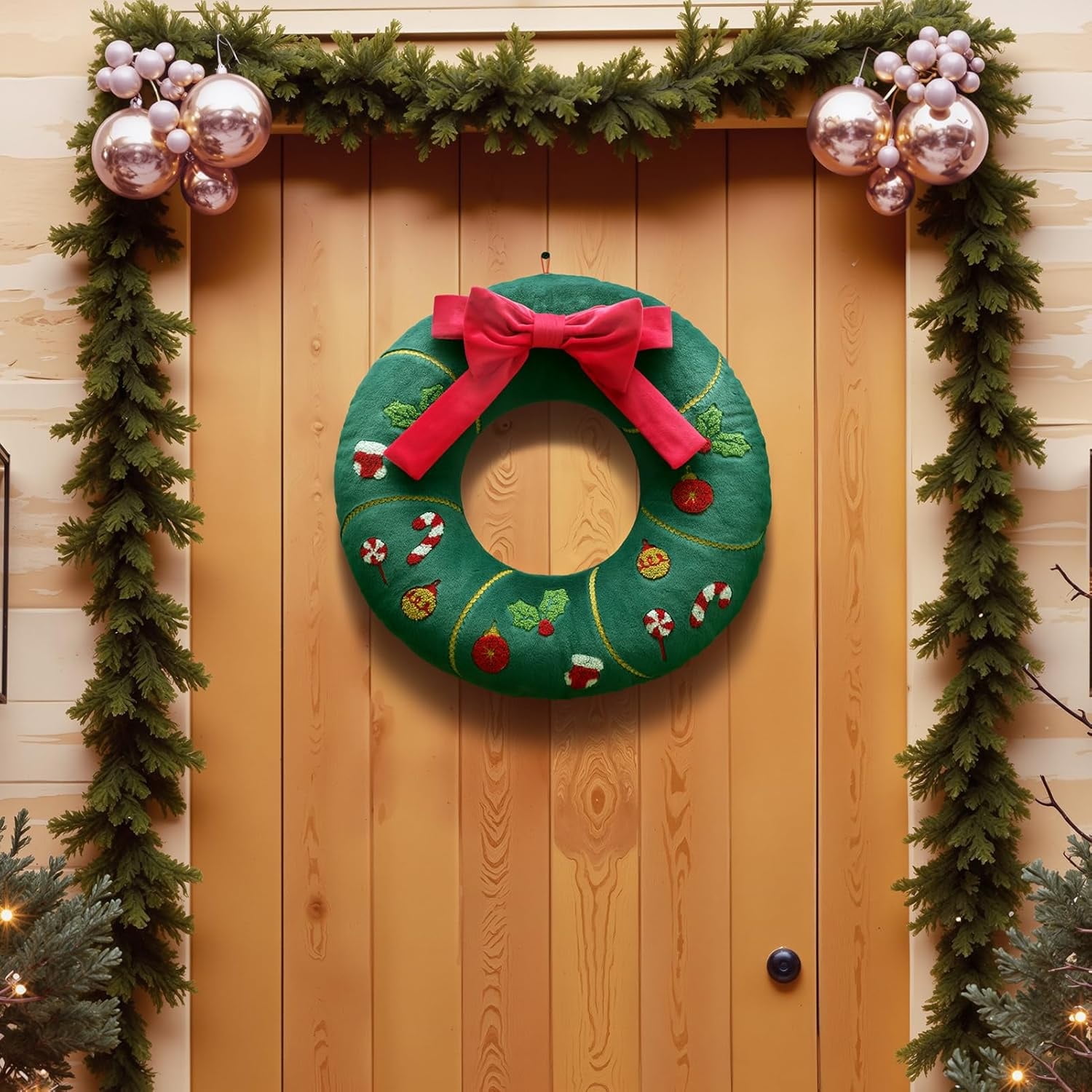 Christmas Wreath Shaped Throw Pillow, 16.5x16.5 Inch Soft Short Plush with 3D Bow & Embroidery, Green Decorative Cushion for Sofa and Bedroom