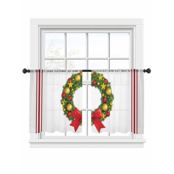 Christmas Wreath Sheer Curtains 54 inches Long, Pig Bow Animal Red Stripes Winter Farm Light Filtering Sheer Window Curtains Rod Pocket Voile Drapes for Bedroom Living Room, 2 Panels 52"W x 54"L