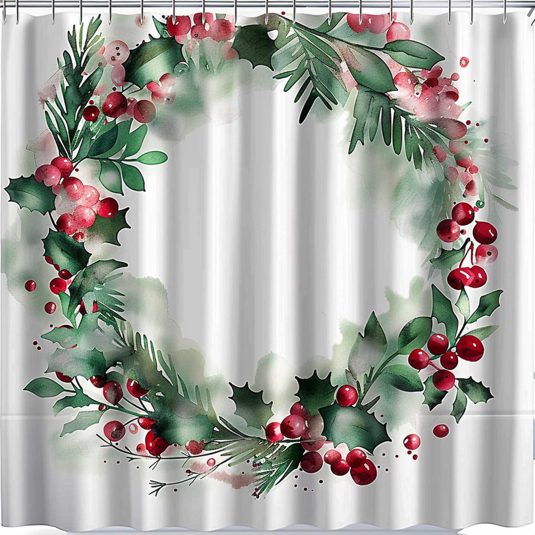 Christmas Wreath Shower Curtain with Greenery and Berries on White