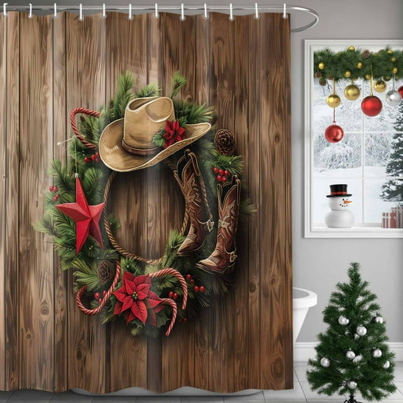Christmas Wreath Star Western Cowboy Style Shower Curtain for Bathroom, Farm Retro Wood Grain Waterproof Shower Curtains Washable Quick Dry with Hooks Bathtub Curtains 36x72IN