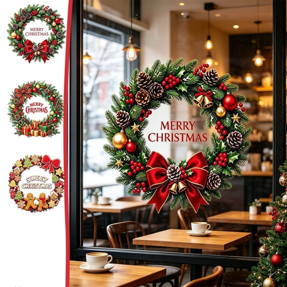 Christmas Wreath Static Window Clings, Pinecone Bell Bow Glass Decals for Home Store Classroom Xmas Decor