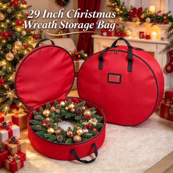 Christmas Wreath Storage Bag 29 inch with Zippered Opening, Carry Handles and Storage Pocket, Round Wreath Storage Container for Christmas Wreaths, Garlands and Seasonal Door Decorations