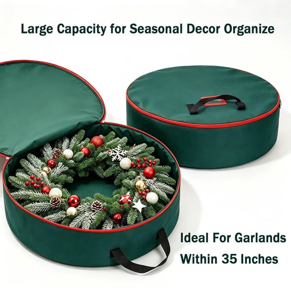Christmas Wreath Storage Bag 35 inch with Zippered Opening, Carry Handles and Storage Pocket for Artificial Holiday Wreaths, Closet, Garage and Attic Organization