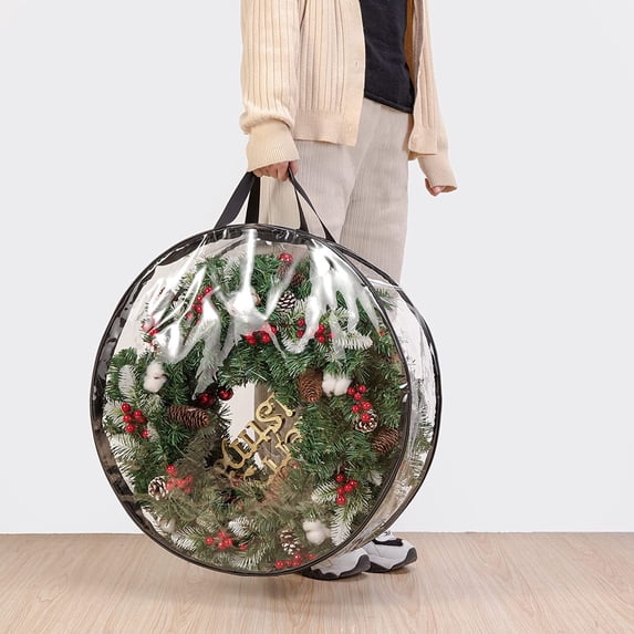 Christmas Wreath Storage Bag Garland Holiday Container with Tear šesistant Material, Featuring Heavy Duty Handles and Transparent Card Slot 24ā X 7ā