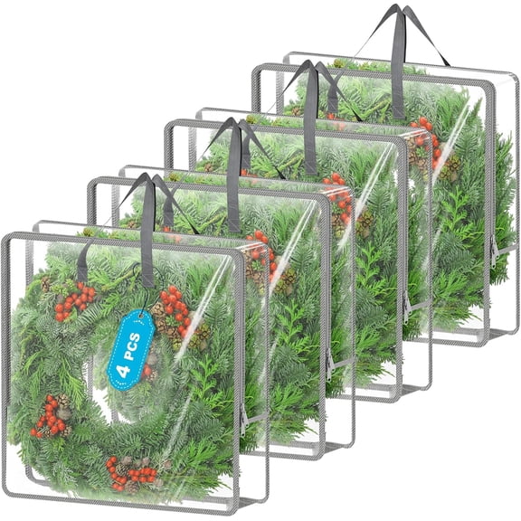 Christmas Wreath Storage Container 24- 4Pack Large Clear Garland Storage Bags with Zipper, Wardrobe Moving Boxes for Comforter, Pillow