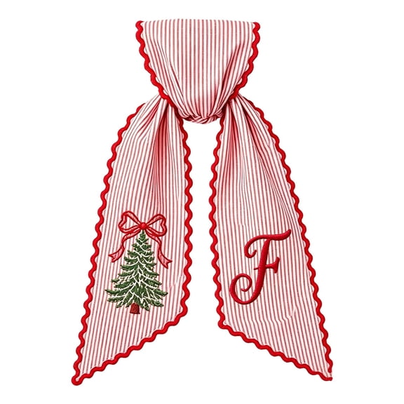 Christmas Wreath Stripe Sash with Letter, Embroidered Initial Christmas Bow with Xmas Tree Pattern, Stripe Tied Bow 5 x 5 Inch, Winter Holiday Decor for Front Door (Red F)