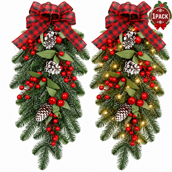 Christmas Wreath Swag with Light Decoration Winter Garland Teardrop Swag Ornament Pine Cone red Bow Decorative Props Pendant Wall Hanging for Front Door Indoor Outdoor 1Pack