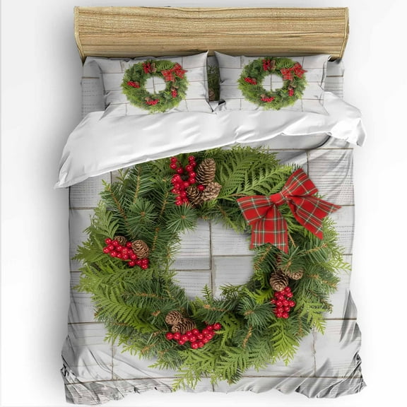 Christmas Wreath Twin Size Comforter Set, Red Berry Pinecone Red Plaid Bowknot Wood Grain Bedding for All Seasons, 4 Pcs Bed Set with 1 Comforter (68"x86") ,1Sheet(66"x116"), 2 Pillowcases (19"x29")