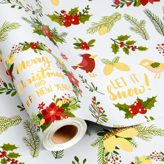 Christmas Wreath Wrapping Paper - 17Inch X 33Feet - Beautiful Holiday Wreaths, Vintage Holly Berry & Red Flower Festive Christmas Design Holiday Gift Wrap Paper for Winter Birthday, Wedding