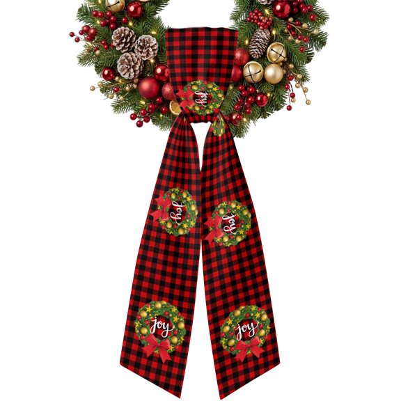 Christmas Wreath Wreath Sash for Front Door, Xmas Balls Pine Bow Red Buffalo Plaid Decorative Sash for Wreath, Garland Ribbon Accessories for Party Yard Doorway Porch Wall Indoor Outdoor Decor