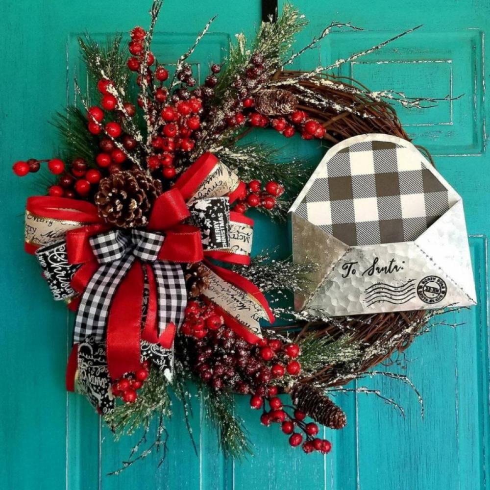 Winter Christmas Wreath for Front Door, Artificial Holiday Pine Wreaths with Pine Cone Needle Red Berry White Flower, Rustic Farmhouse Decoration for