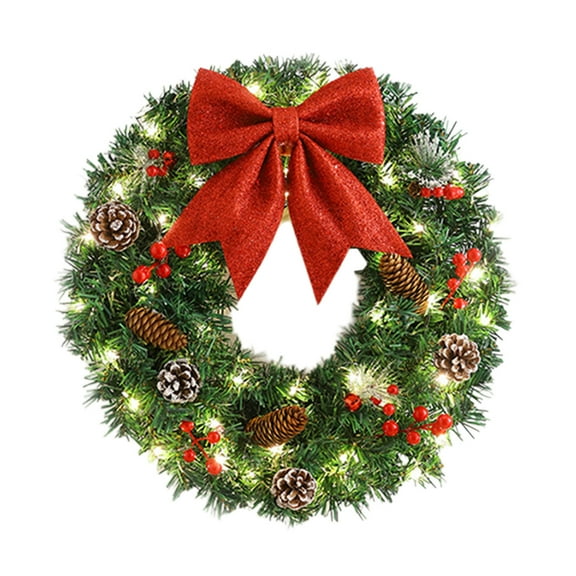 Christmas Wreath for Front Door – Door Wreath with Lights, Red Bow, Berries & Pinecones for Holiday Wall or Entryway Decoration